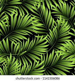 Palm. Seamless pattern from tropical plant leaves on a black background. Jungle. Vector Wallpapers.
