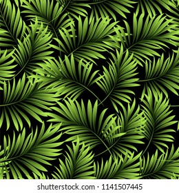 Palm. Seamless pattern from tropical plant leaves on a black background. Jungle. Vector Wallpapers.