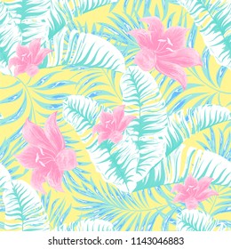 Palm. Seamless pattern from tropical plant leaves. Jungle. Vector wallpaper, background.