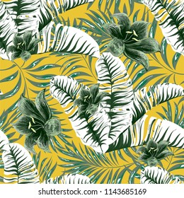 Palm. Seamless pattern from tropical plant leaves. Jungle. Vector wallpaper, background.