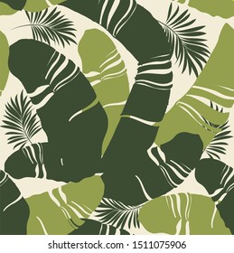 Palm. Seamless pattern with tropical plants. Dark bright green palm leaves on a light background. Tropical illustration. Jungle foliage. Vintage colors. Vector seamless pattern for fabrics, packaging,