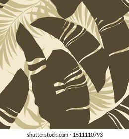 Palm. Seamless pattern with tropical plants. Dark bright green palm leaves on a light background. Tropical illustration. Jungle foliage. Vintage colors. Vector seamless pattern for fabrics, packaging,