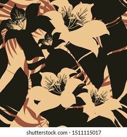 Palm. Seamless pattern with tropical plants. Dark bright green palm leaves with flowers on a light background. Tropical illustration. Jungle foliage. Vintage colors. Vector seamless pattern for fabric