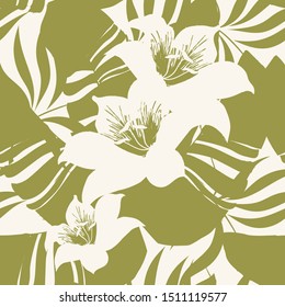 Palm. Seamless pattern with tropical plants leaves and flowers. Tropical illustration. Jungle foliage. Vintage colors. Vector seamless pattern for fabrics, packaging, gifts, book illustrations and mag