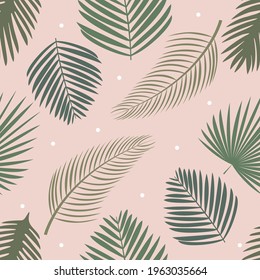 Palm seamless pattern Vector illustration in flat design Green lush foliage on light pink dotted background