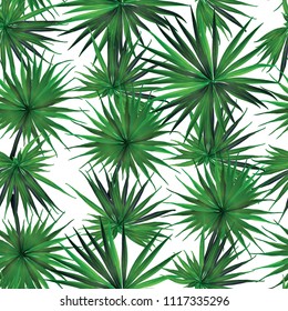 Palm Seamless Pattern. White Green Tropical Summer Background. Beach Jungle Leaves for Swimwear Design. Lei Rapport. Vintage Hawaiian Print. Exotic Texture. Botanic tiling.