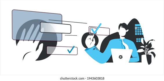 Palm selects objects - tasks on a transparent virtual screen and sends them to subordinates. Distribution, delegationof tasks concept. Vector illustration in blue tones isolated on white background.