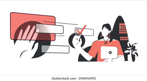 Palm selects objects - tasks on a transparent virtual screen and sends them to office woman. Distribution, delegationof tasks concept. Vector illustration in red tones isolated on white background.