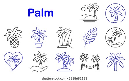 Palm set icon. Tropical island, beach hammock, surfboard, botanical foliage, exotic paradise, coastal vacation, ocean resort, sunny shoreline, decorative leaf, travel destination, seaside relaxation