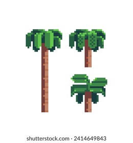 Palm set pixel art icons. Game assets. 8-bit sprite. Isolated abstract vector illustration.  Element design for stickers, embroidery, mobile app.