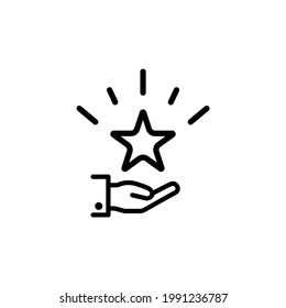 Palm With A Shining Star Above The Hand Icon. Gifts Or Bonuses For A Regular Customer. Loyalty Program. Isolated Symbol Sign For: Illustration, Outline, Logo, Design, Web, Dev Ui Ux Gui. Vector EPS 10