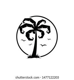 Palm silhouette logo vector with bird and grass on circle round shape. supernatural magic look.