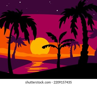 Palm silhouettes background. Beach tropical trees, sea evening, black plants, summer sunset, different leaves shapes, vacation on exotic island, summertime landscape, swanky vector concept