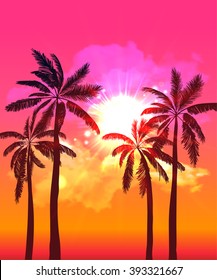 Palm silhouettes on summer sunset with beautiful sky background. Tropical sunset, summer paradise. Vector illustration