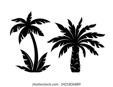 Palm silhouettes set. Symbol of tropical and exotic countries and islands. Trees with foliage and bushes. Template and layout. Cartoon flat vector collection isolated on white background