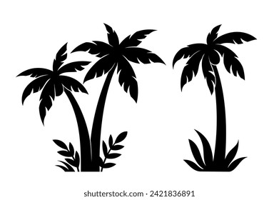 Palm silhouettes set. Symbol of tropical and exotic countries and islands. Flora and foliage. Graphic element for website. Cartoon flat vector collection isolated on white background