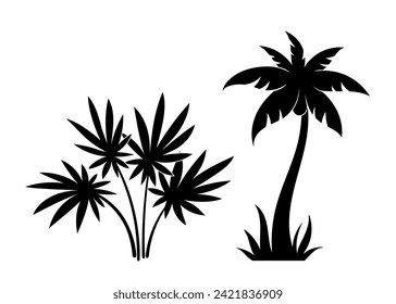 Palm silhouettes set. Symbol of tropical and exotic countries and islands. Trees with foliage and bushes. Booklet and leaflet. Cartoon flat vector collection isolated on white background