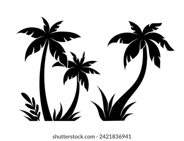 Se colocan siluetas de palma. Símbolo de países e islas tropicales y exóticas. Flora y follaje. Pegatina para las redes sociales. Colección vectorial plana de dibujos animados aislada en fondo blanco