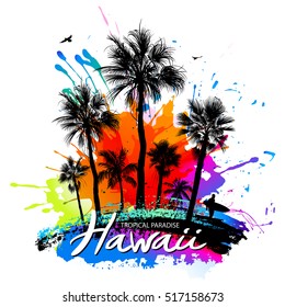 Palm silhouettes, surfer, birds, paint splashes - tropical background