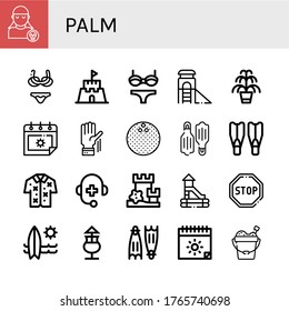 palm simple icons set. Contains such icons as Pirate, Bikini, Sand castle, Slide, Kentia, Summer, Raise hand, Coconut, Flippers, Hawaiian, can be used for web, mobile and logo