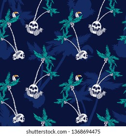 Palm & skull tropical seamless Print pattern. Vector graphic