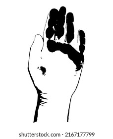 Palm manchada con carbón o hollín , una mano manchada con carbón, imagen en blanco y negro