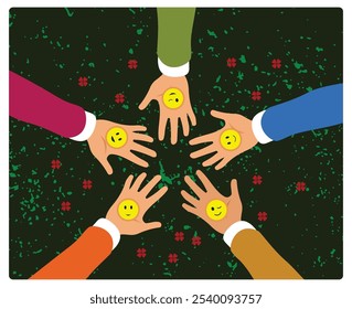 Palm with smile emoji. A group of happy friends gathered together. Friendship Day concept. Flat vector illustration.