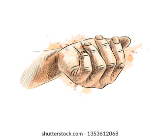 Palm up from a splash of watercolor, hand drawn sketch. Vector illustration of paints