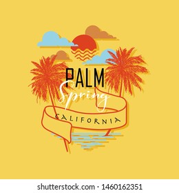 Palm spring in California beach text and hand drawn palm trees with sunny sky vector illustrations. Design For t-shirt ,fashion, fabric, web, and all prints on yellow background color