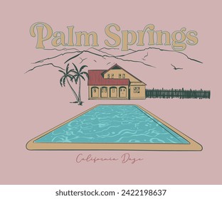 palm spring california vector design, resort pool vacation artwork, swimming pool with motel, retro vintage holidays vector art 