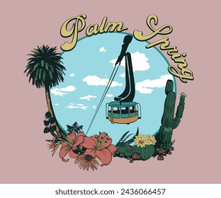 diseño vectorial de palm spring california, diseño vectorial de vacaciones de verano para camiseta, impresión gráfica, teleférico de california, camiseta de palm beach