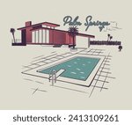 palm spring california vintage resort vector illustration, tropical island motel, retro summer holidays artwork for t shirt, sticker, graphic print, pool party, old vacation days