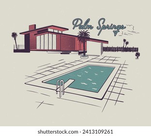 Palmfeder California Vintage Resort Vektorgrafik, tropisches Inselmotel, Retro Sommerferienbilder für T-Shirt, Aufkleber, Grafikdruck, Poolparty, alte Urlaubstage