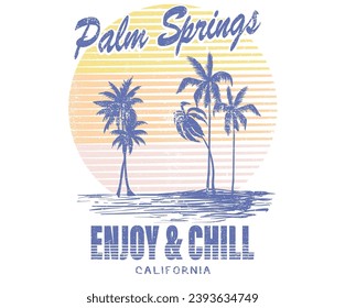 Palm spring. Paradise vacation route. Summer good vibes. Paradise Print t shirt graphics design, typography slogan on palm trees background. Beach vintage print design artwork. Enjoy and chill. 