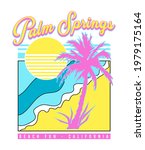 Palm Springs beach fun slogan print design with abstract beach sun and palm illustration in bright colors