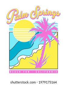 Palm Springs beach fun slogan print design with abstract beach sun and palm illustration in bright colors