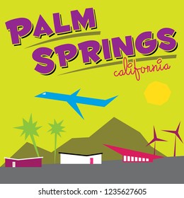 Palm Springs, California Artwork, Poster And Post Card Design, Mid-Century Modern Houses, Aerial Tramway Glyph, Windmills, Palm Trees, Southern California Art, Travel Poster, Retro Glyphs And Icons