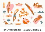 Palm Springs graphic set of characters of people, celebrities, mid century modern architecture objects in vector.