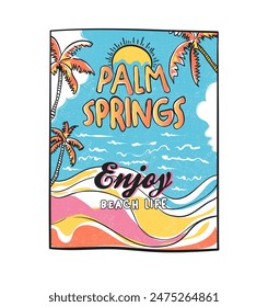 Palm springs tropical slogan with palm and sea waves, vector illustration, for t-shirt graphic.