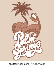 Palm springs. Vector hand drawn illustration of mouth with sea wave and palm instead tongue isolated. Creative tattoo artwork. Template for card, poster, banner, print for t-shirt, pin, badge, patch.