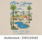 Palm springs watercolor graphic print design for t shirt print, poster, sticker, background and other uses. Palm tree with swimming pool colorful retro print artwork. America vintage resort artwork.