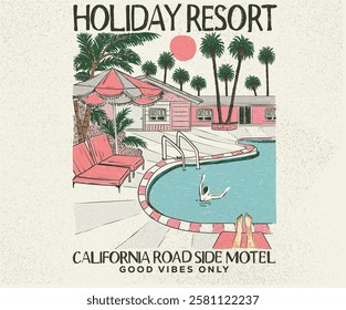 Palm springs watercolor graphic print design for t shirt print, poster, sticker, background and other uses. America vintage resort artwork. Palm tree with swimming pool colorful retro print artwork.