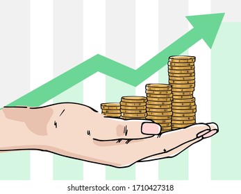 Palm with stacks of coins. In the background, the arrow goes up. Depicts profit growth, financial success, increase in cash. Color image on a white background.
