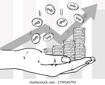 Palm with stacks of coins. Coins are falling down. Depicts profit growth, financial success, increase in cash. Black outline image on a white background.