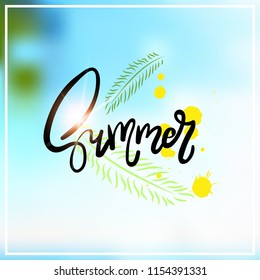 palm summer blurred sea bokeh beach background frame design badge vacation season holidays lettering for logo templates invitation greeting card prints and posters vector illustration