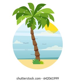 Palm Summer Tree On Beach.  Flat Icon Design. Vector Illustration