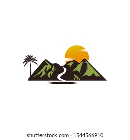 Palm Sun mountain river logo design vector