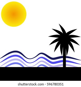 Palm with sun on white background. Vector illustration.