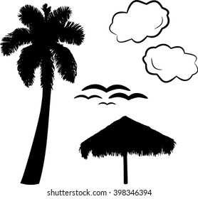 Palm, sun umbrella, seagulls, clouds
