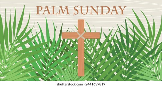 Palm Sunday banner with palm leaves and christian cross. Easter and the Resurrection of Christ. Palm Sunday banner as religious holidays background. Christian Cross.